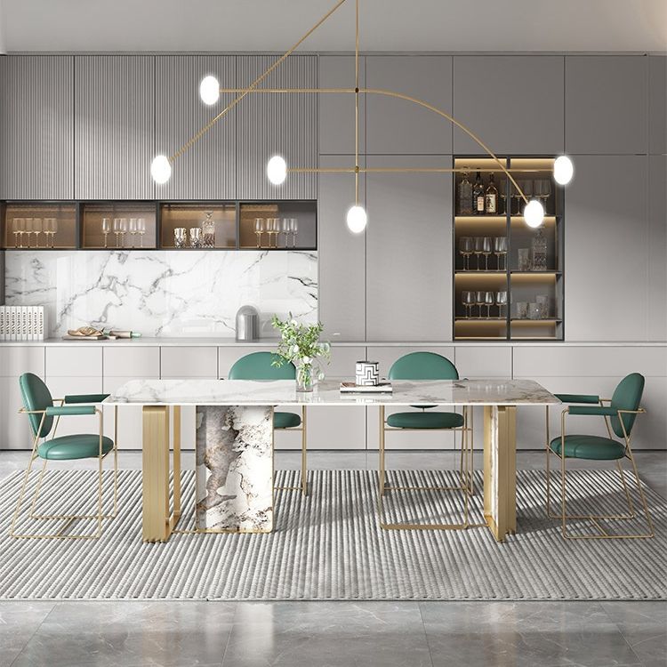 Contemporary Style Sintered Stone Dining Table with White Fixed Table and Double Pedestal Base Clearhalo 'Dining Room Sets' 'Dining Tables & Seating' 'dining_room_set' 'furn' 'furn_dining_room_set' 'Furniture' 'furniture_dining_room_set' 'Kitchen & Dining Furniture' 'kitchen&dining_furn' 'kitchen' 1200x1200_7f76215b-9946-4584-85ef-300d43159da1