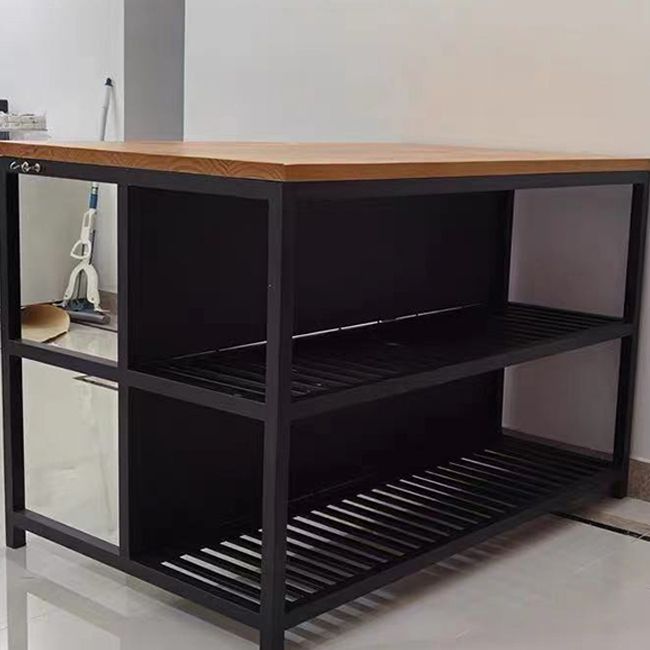 Wood Prep Table with Metal Base Rectangle Island Table for Kitchen