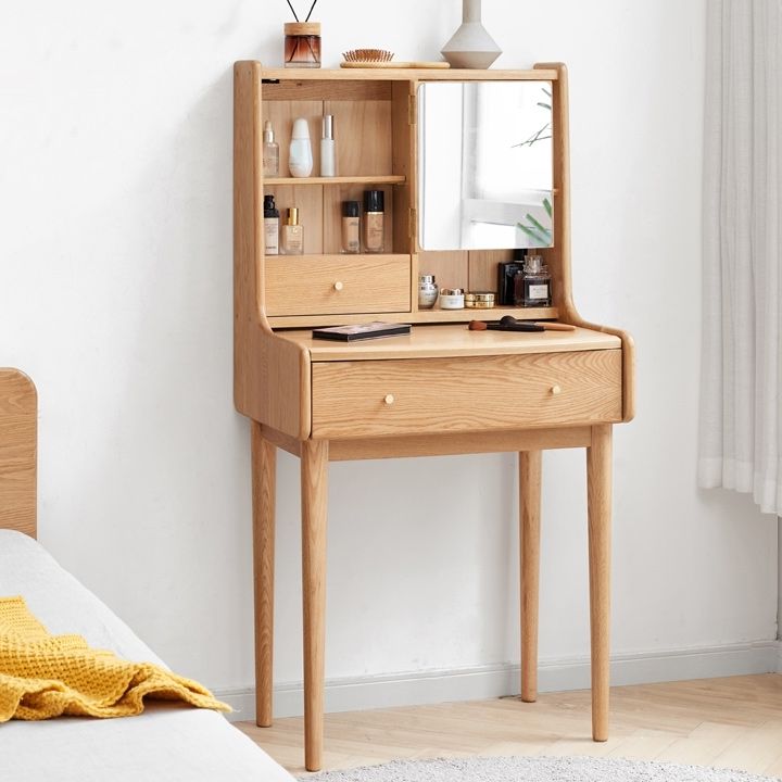 Solid Wood Makeup Table Vanity Stool with Drawers and Mirror in Natural