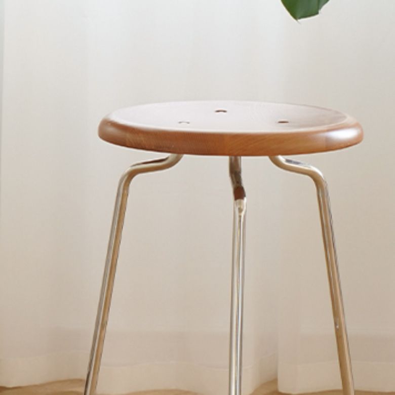 Contemporary Solid Wood Round Armless Bar Stool with Metal Base