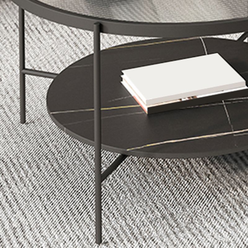 Modern Round Glass & Slate Coffee Cocktail Table with Storage Shelf