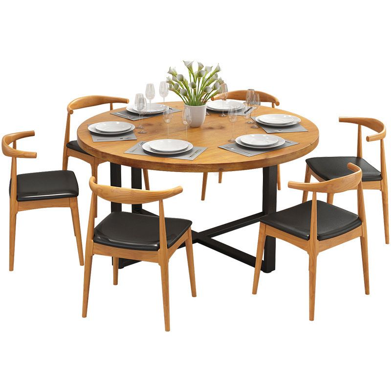 1/7 pezzi moderni set da pranzo tavolo rotondo in legno massiccio con sedie in pelle