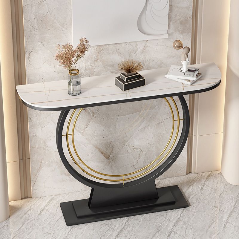 Glam Stone Console Table Half Moon Stain Resistant Accent Table for Hall