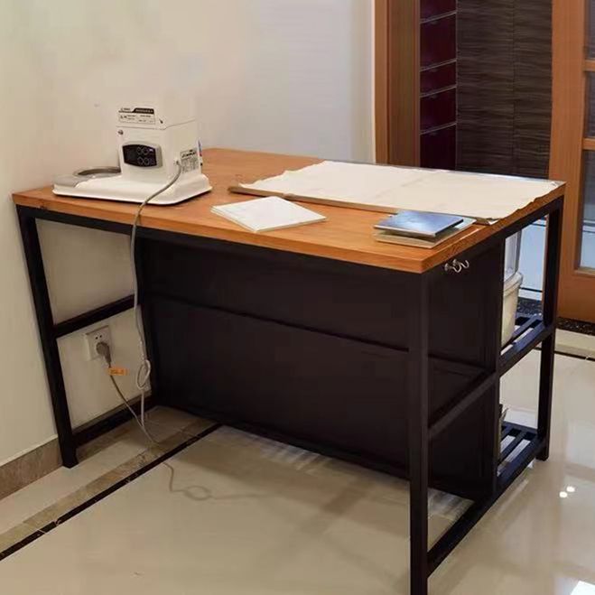 Wood Prep Table with Metal Base Rectangle Island Table for Kitchen