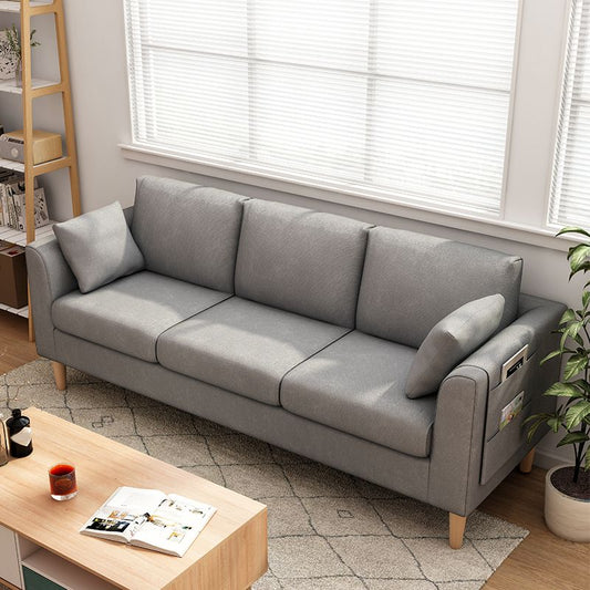 Scandinavian 3 Seater Sofa with Pillows Back and Tuxedo Arm and Solid Wood Legs