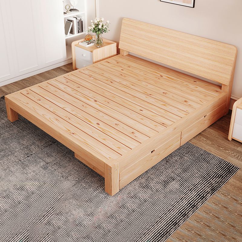 Modern Natural Solid Wood Standard Bed with Rectangular Headboard