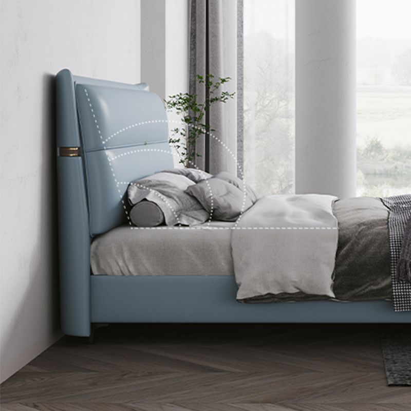 Lederen gestoffeerd rechthoekig paneelbed Standaard bedframe in blauw