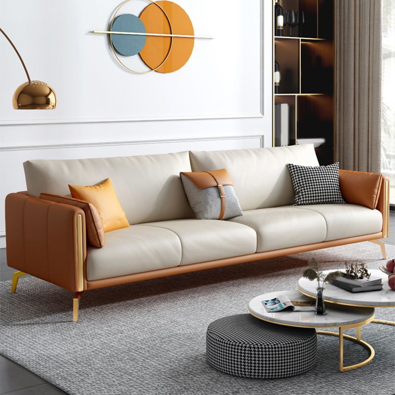Faux Leather Square Arm Sofa with Chaise in Orange & Beige Loose Back Cushions Sofa Clearhalo 'furn' 'furn_sofas' 'Furniture' 'Living Room Furniture' 'Sofa' 'sofas' 1200x1200_801cacff-95a4-4d7a-8362-bfeca7156605
