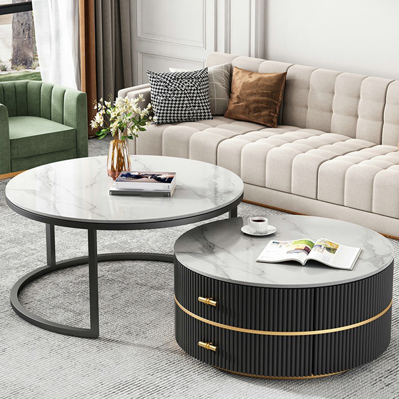 Round Slate Coffee Table Set Frame Cocktail Table with 2 Storage Drawers Clearhalo 'Coffee & Accent Tables' 'Coffee Tables' 'coffee_tables' 'furn' 'furn_coffee_tables' 'Furniture' 'Living Room Furniture' 1200x1200_80212fc0-abb3-4631-a4d3-b4fbebcb0838