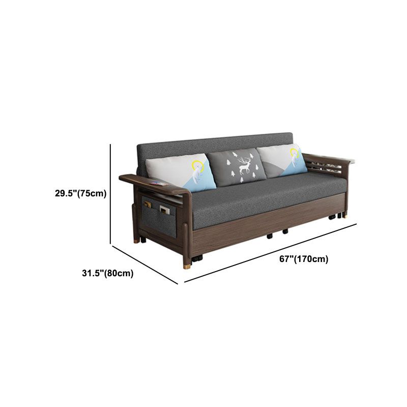 Stoffen slaapbank met 3 kussens vaste houten bank in walnootafwerking