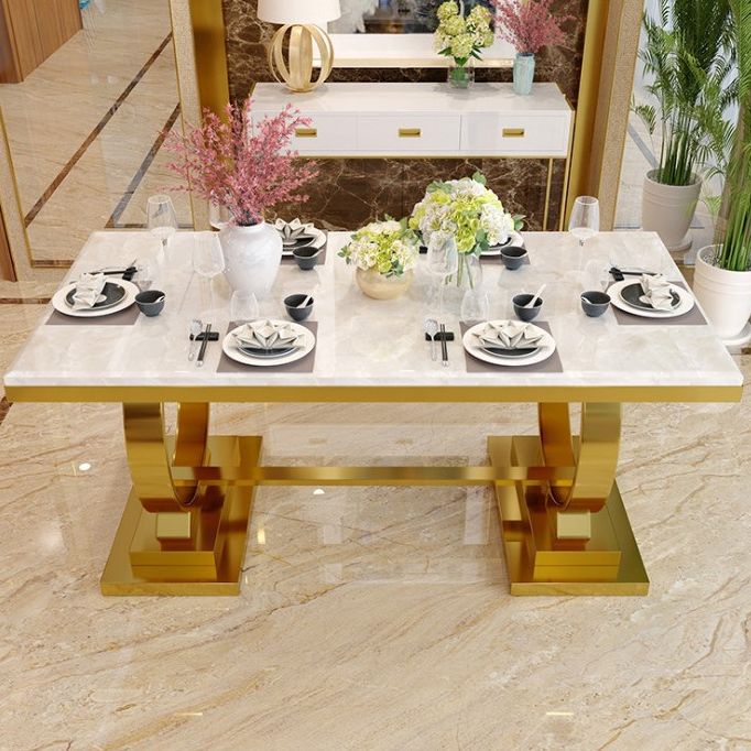 Stainless Steel Traditional Luxury Rectangle Table Marble Top Table with Trestle Base Clearhalo 'Dining Tables & Seating' 'Dining Tables' 'dining_table' 'furn' 'furn_dining_table' 'Furniture' 'Kitchen & Dining Furniture' 1200x1200_8071bf0d-a505-4c72-9593-7c7ceccbed09