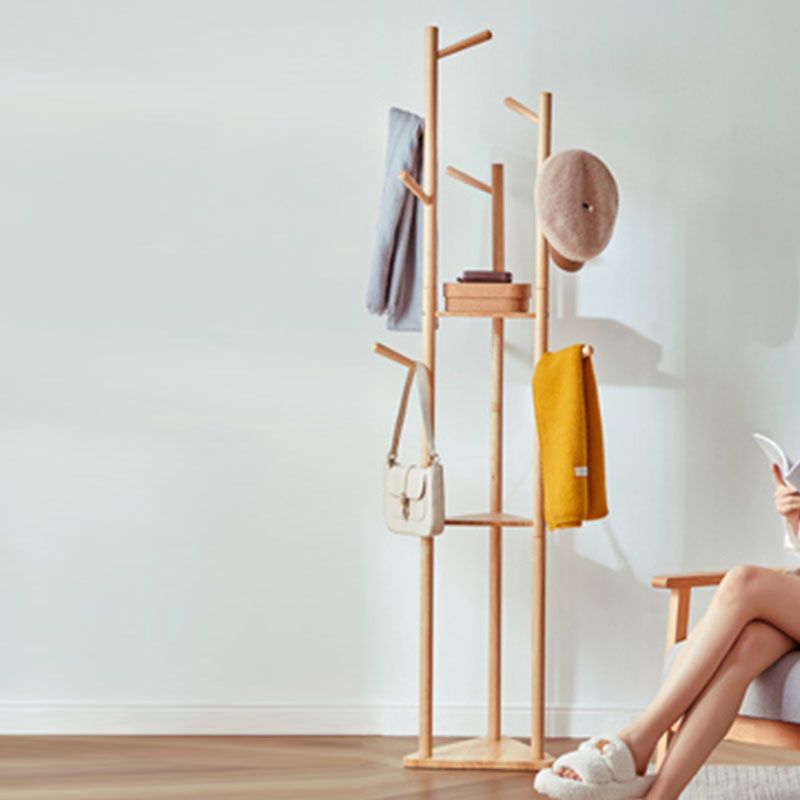 Moderne stijl Hall Tree Rubber Wood Entryway Coat Rack met 2 planken