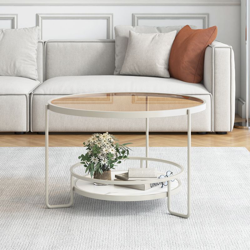 17.7" H Round Glass Coffee Table Iron 3 Legs Cocktail Table with Slate Shelf Clearhalo 'Coffee & Accent Tables' 'Coffee Tables' 'coffee_tables' 'furn' 'furn_coffee_tables' 'Furniture' 'Living Room Furniture' 1200x1200_80a52dac-cacd-4a78-9a2d-31feae8c56e1