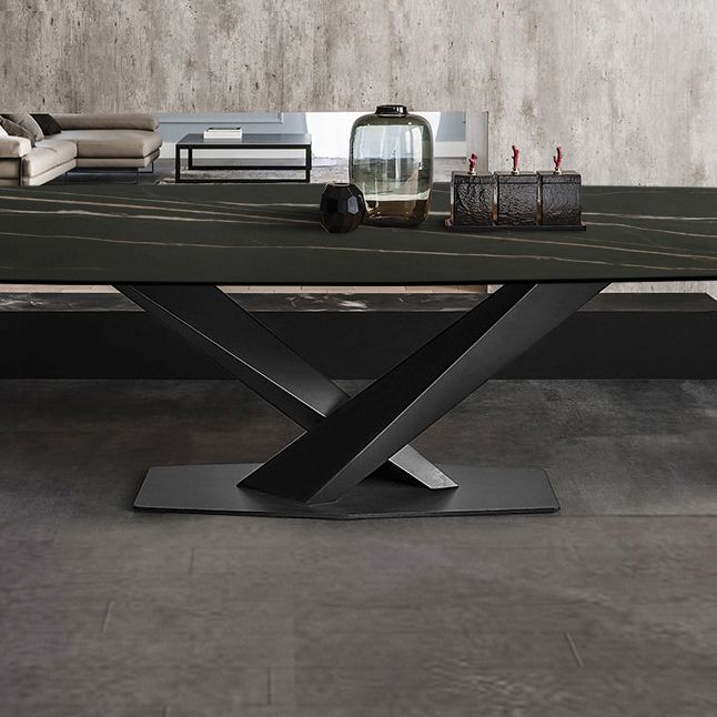 Sintered Stone Rectangle Dining Table Industrial Black Kitchen Table with Pedestal Base Clearhalo 'Dining Tables & Seating' 'Dining Tables' 'dining_table' 'furn' 'furn_dining_table' 'Furniture' 'furniture_dining_table' 'Kitchen & Dining Furniture' 'kitchen' 'kitchen_dining_table' 1200x1200_80b05ef8-233a-4733-8342-6e3c3dd9aaf1