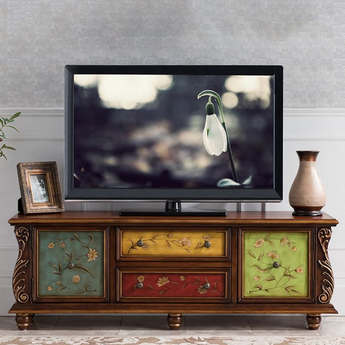 Console multimediale tradizionale in legno di gomma, supporto TV con finitura opaca e cassetti