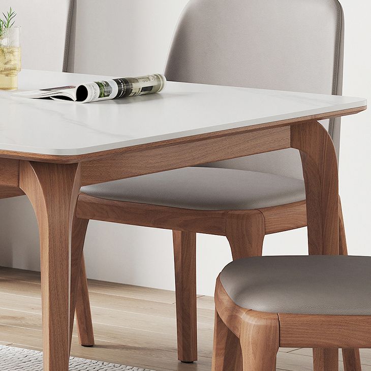 Mesa de comedor de piedra blanca rectangular moderna con 4 patas de nogal