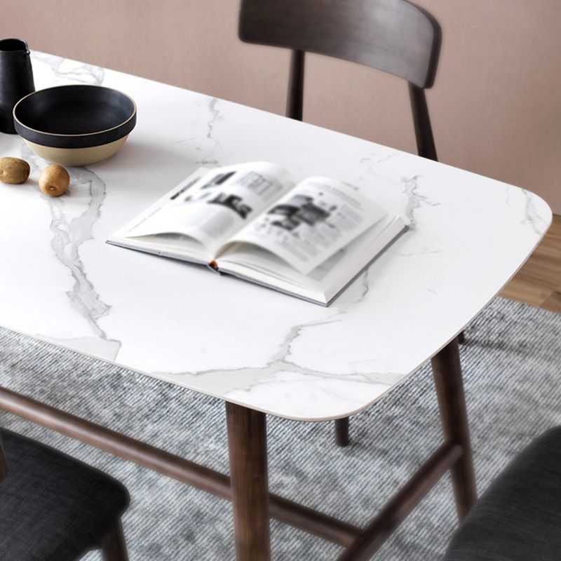 Modern Rectangular Dining Table White Top Dining Table with Wood Trestle Base Clearhalo 'Dining Tables & Seating' 'Dining Tables' 'dining_table' 'Furniture' 'furniture_dining_table' 'Kitchen & Dining Furniture' 'kitchen' 'kitchen_dining_table' 1200x1200_80df1085-90b8-45d5-ac13-9e3dc5f71beb