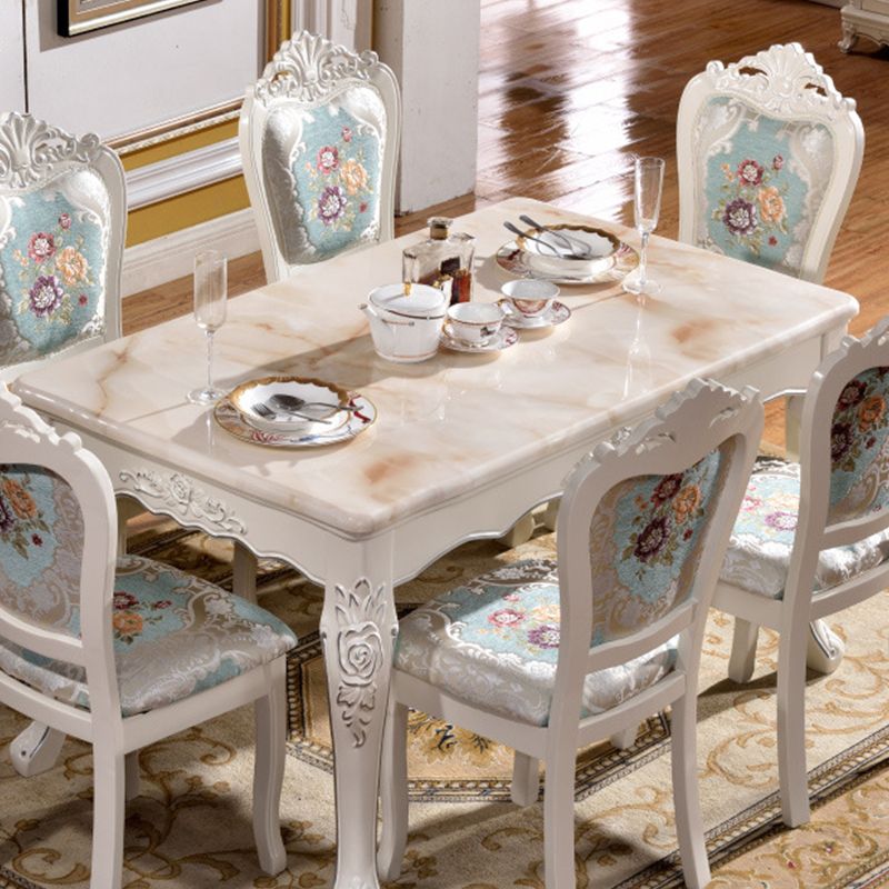White Stone Top Dining Table Rectangle Dining Table with 4 Wood Legs