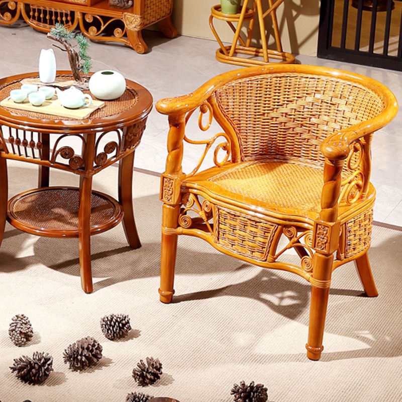 Traditional Dining Chair Rattan Solid Wood Base Arm Chair for Home Use