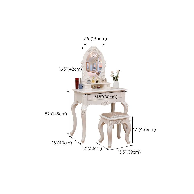 Victorian Mirrored Makeup Dressing Table Wood Stool Set in White Clearhalo 'Bedroom Furniture' 'furn' 'furn_makeup_vanities' 'Furniture' 'Makeup Vanities' 'makeup_vanities' 1200x1200_811392b9-da52-492d-9519-5559681a0bbe