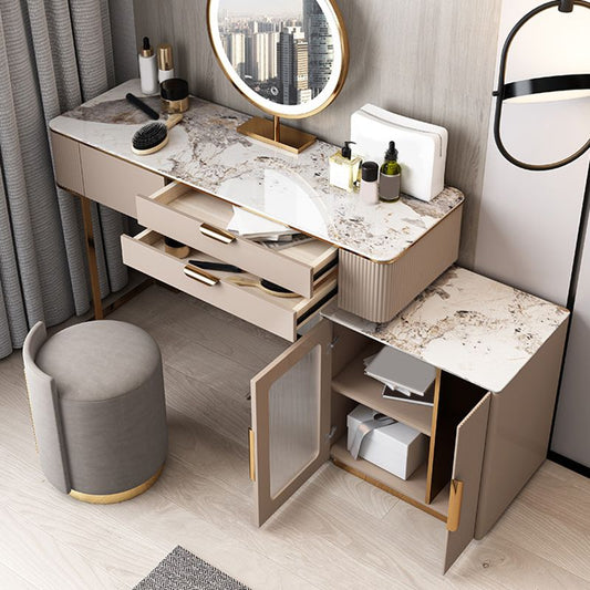 Glam Solid Wood Vanity Makeup Table Set Slate Top Dressing Table
