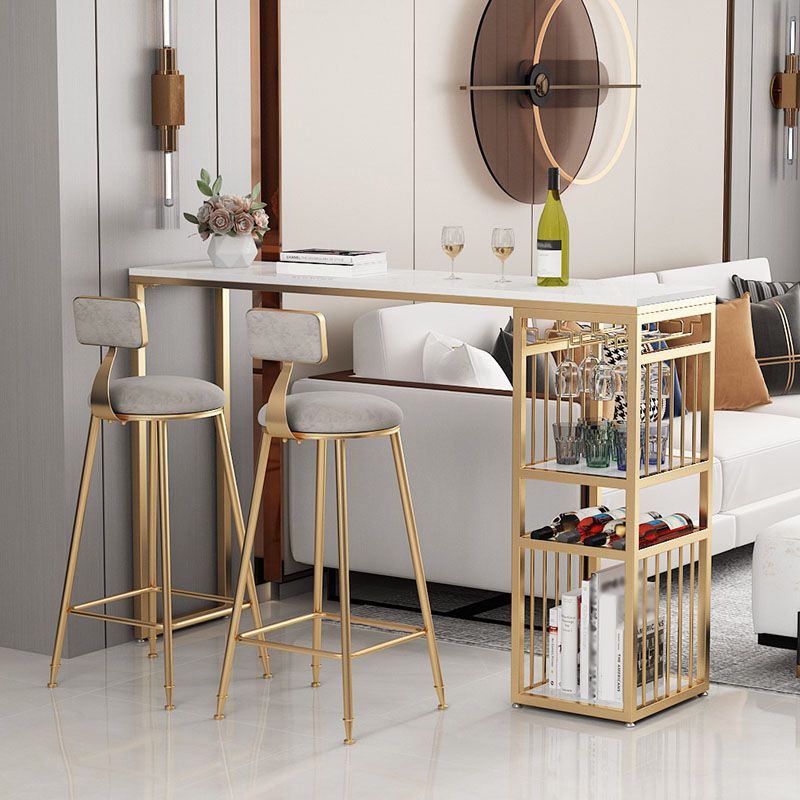 Glam Rectangle Faux Marble Bistro Table Gold Double Pedestal Bar Dining Table with 3-Shelf Clearhalo 'Bar Furniture' 'Bar Tables' 'bar_tables' 'furn' 'furn_bar_tables' 'Furniture' 'furniture_bar_tables' 'Kitchen & Dining Furniture' 'kitchen&dining_furn' 'kitchen' 1200x1200_8127664f-78b2-4ceb-93cf-2c0aac073ecf