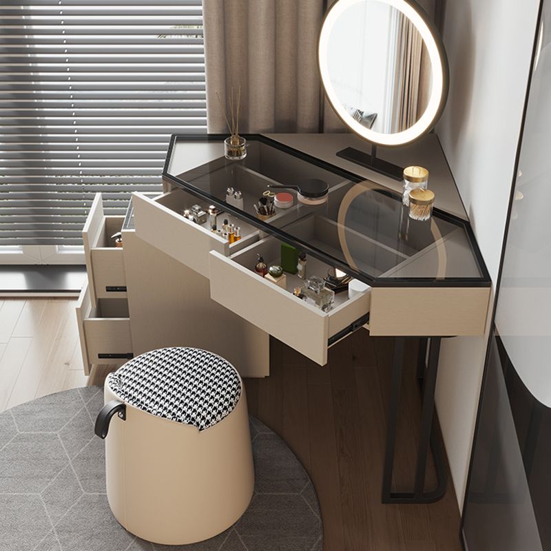 Modern Glass Corner Vanity Table Set 29.53" D 4-Drawer Makeup Vanity Table Clearhalo 'Bedroom Furniture' 'furn' 'furn_makeup_vanities' 'Furniture' 'Makeup Vanities' 'makeup_vanities' 1200x1200_812db4a7-c8af-4eff-b906-342d8e54b0fe