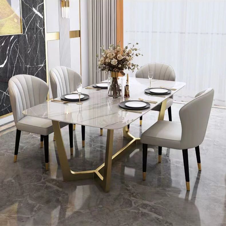 Glam Dinette Table Stone Rectangle Dining Room Table in White Clearhalo 'Dining Tables & Seating' 'Dining Tables' 'dining_table' 'furn' 'furn_dining_table' 'Furniture' 'Kitchen & Dining Furniture' 1200x1200_81331838-e276-464e-bc7e-190d318705cf