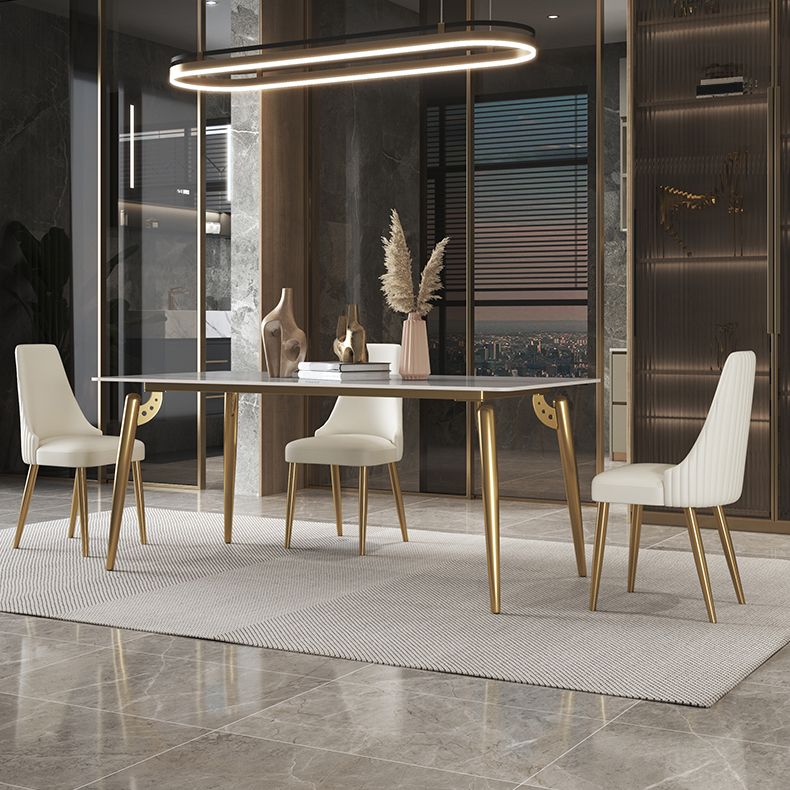 Luxury Sintered Stone Dining Table Rectangle White Table with Metal 4 Legs in Gold