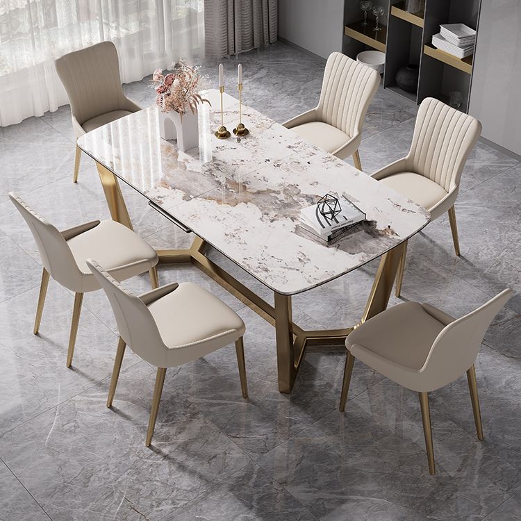 Modern Style Sintered Stone Dining Room Set with White Rectangle Shape Table and Gold Trestle Base Clearhalo 'Dining Room Sets' 'Dining Tables & Seating' 'dining_room_set' 'furn' 'furn_dining_room_set' 'Furniture' 'furniture_dining_room_set' 'Kitchen & Dining Furniture' 'kitchen&dining_furn' 'kitchen' 1200x1200_813cbe6c-d238-4dd5-9191-91f9d73775c6