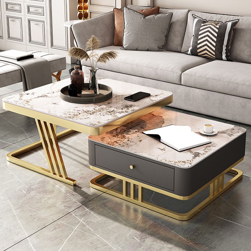 Glam Frame Couchtisch, Glas/Schiefer, quadratischer Cocktailtisch mit Schublade