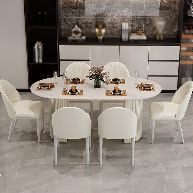 Contemporary Oval Dining Table Stone and Metal Double Pedestal Dining Table in White Clearhalo 'Dining Tables & Seating' 'Dining Tables' 'dining_table' 'furn' 'furn_dining_table' 'Furniture' 'furniture_dining_table' 'Kitchen & Dining Furniture' 1200x1200_81a0bb9e-7973-4ef4-9cff-4eda053bfda3