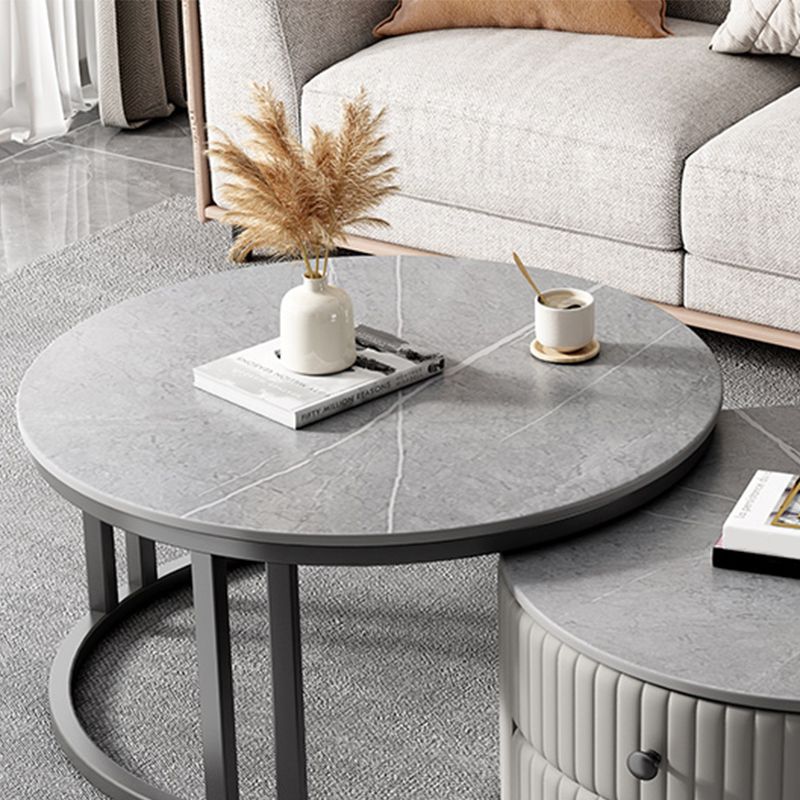 Mesa de centro moderna para cóctel, mesa de centro redonda de cristal/pizarra con 2 cajones