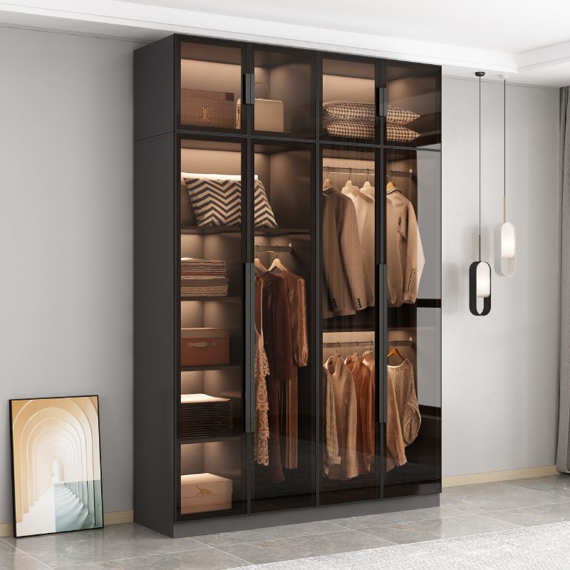 Freestanding Grey Wood Frame Wardrobe Modern Multifunctional Wardrobe with Glass Doors Clearhalo 'Armoires & Wardrobes' 'armoires_wardrobes' 'Bedroom Furniture' 'furn' 'furn_armoires_wardrobes' 'Furniture' 1200x1200_81dac38e-4668-4d8d-b97a-9167f341d61a