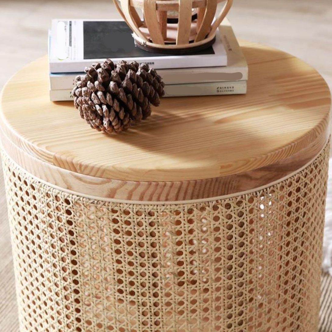 17.7" Tall Solid Wood Round Top Side Table Drum Base End Table with Storage