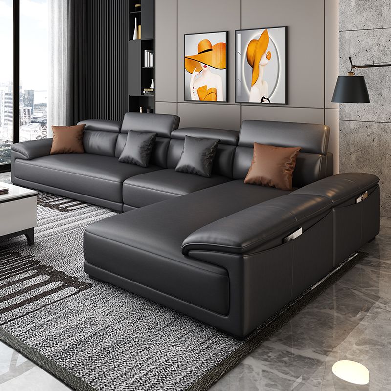 Black Faux Leather Sofa 33.46" H Pillow Top Arm Sofa & Chaise Clearhalo 'furn' 'furn_sectionals' 'Furniture' 'furniture_sectionals' 'Living Room Furniture' 'Sectionals' 1200x1200_8213be4d-423d-42f4-bdda-f4c195ddb3dc