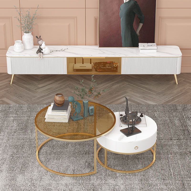 Modern TV Media Stand with Gold Metal Legs Stone Top Media Console with Drawers Clearhalo 'furn' 'furn_tv_stands_entertainment_centers' 'Furniture' 'Living Room Furniture' 'TV Stands & Entertainment Centers' 'TV Stands & Media Storage Furniture' 'tv_stands_entertainment_centers' 1200x1200_82177662-7925-44d0-8222-99d38afb8add