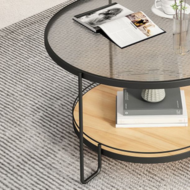 Modern Round Glass Top Cocktail Table with Wooden Shelf and Iron Base