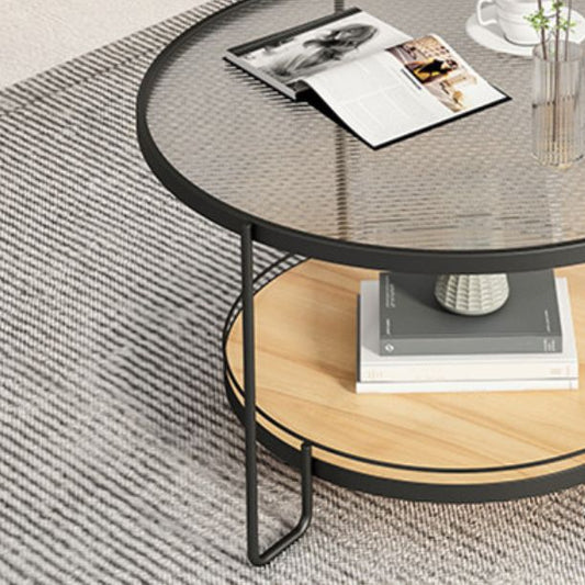 Modern Round Glass Top Cocktail Table with Wooden Shelf and Iron Base