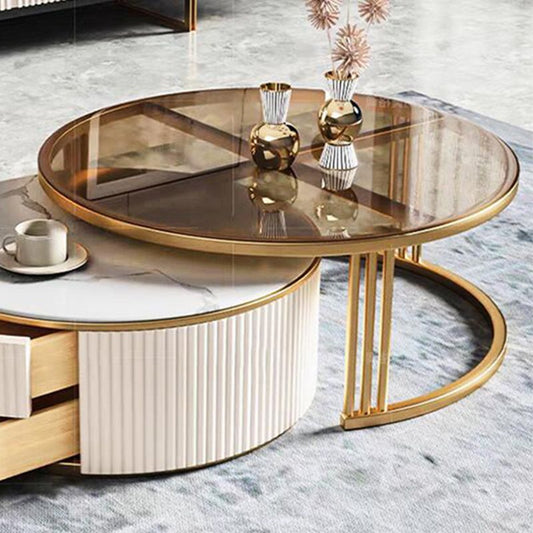 Glam Coffee Table Set Round 2-Piece Coffee Cocktail Table with Drawers Clearhalo 'Coffee & Accent Tables' 'Coffee Tables' 'coffee_tables' 'furn' 'furn_coffee_tables' 'Furniture' 'Living Room Furniture' 1200x1200_823bbbf9-bd56-45b2-948e-056dbec06e07