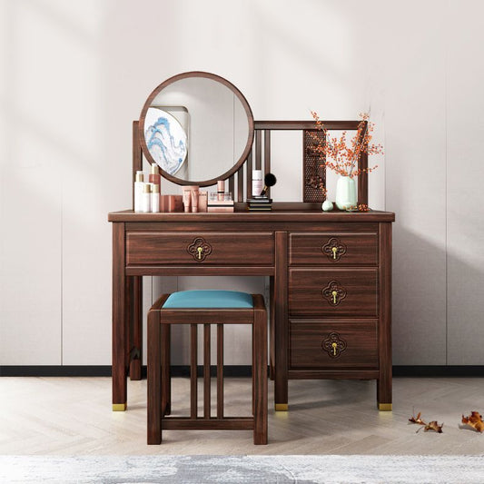 Traditional 4-Drawer Brown Solid Wood Dressing Table with Mirror Makeup Vanity Stool
