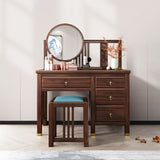 Traditional 4-Drawer Brown Solid Wood Dressing Table with Mirror Makeup Vanity Stool