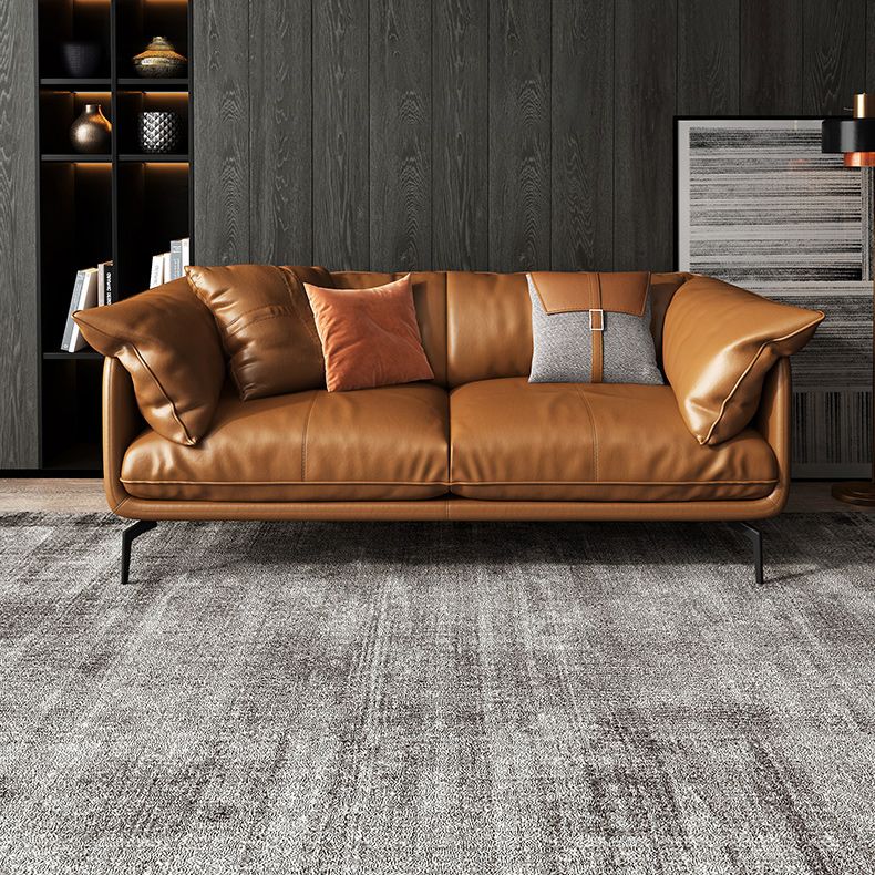 Modern Pillow Back Sofa Orange Genuine Leather Tuxedo Arm Sofa