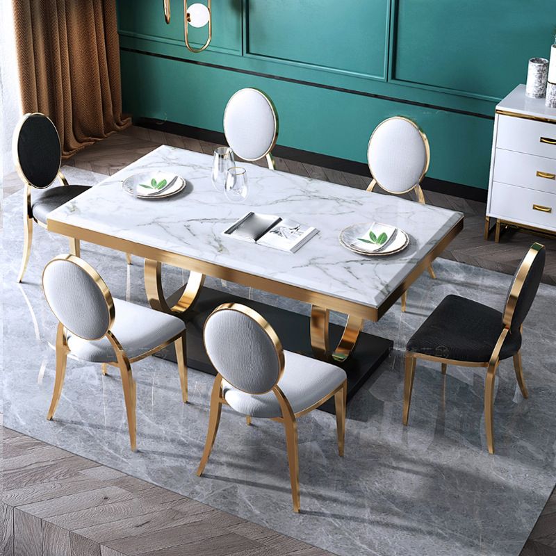Luxury Marble Dining Table for Restaurant Rectangle Table with Metal Pedestal in Gold Clearhalo 'Dining Tables & Seating' 'Dining Tables' 'dining_table' 'furn' 'furn_dining_table' 'Furniture' 'furniture_dining_table' 'Kitchen & Dining Furniture' 'kitchen' 'kitchen_dining_table' 1200x1200_8262f181-e3ed-4b1a-84c8-700e87c7a046