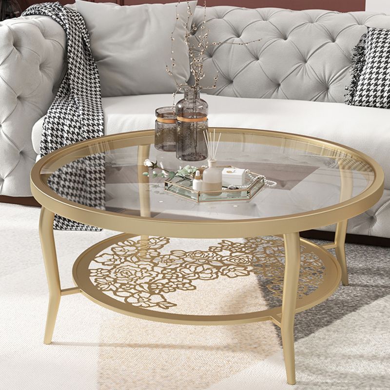 23.6"/17.7"H Modern 4 Legs Steel Base Glass Round Coffee Table with Shelf Clearhalo 'Coffee & Accent Tables' 'Coffee Tables' 'coffee_tables' 'furn' 'furn_coffee_tables' 'Furniture' 'furniture_coffee_tables' 'Living Room Furniture' 1200x1200_82670787-14a7-439b-a4c9-8b5dca26beb0