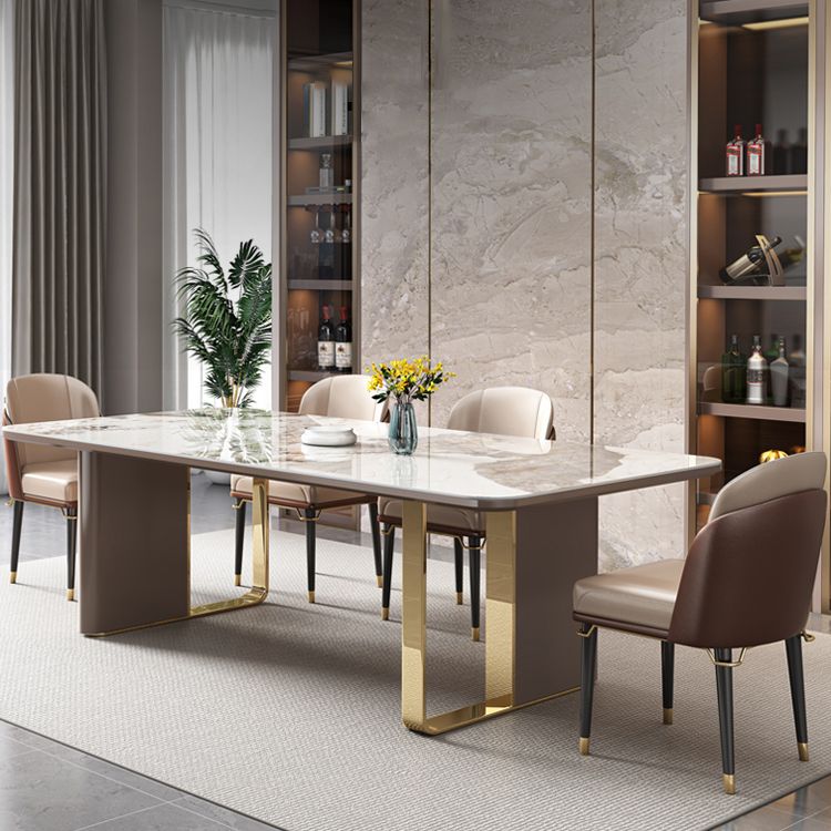 Modern Sintered Stone Table Set of 5/7 with Rectangle Table Dining Set with Gold Double Pedestal Clearhalo 'Dining Room Sets' 'Dining Tables & Seating' 'dining_room_set' 'furn' 'furn_dining_room_set' 'Furniture' 'furniture_dining_room_set' 'Kitchen & Dining Furniture' 'kitchen&dining_furn' 'kitchen' 1200x1200_8281df71-3407-4163-96f1-9b7776ee9165