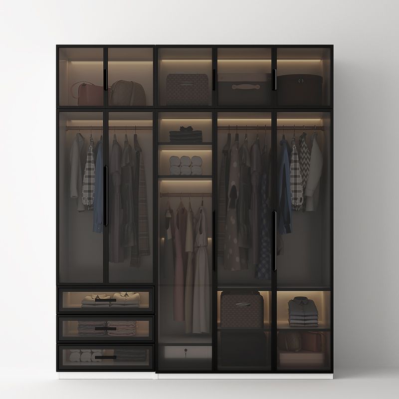 Brown Glass Door Wardrobe for Home Contemporary Hinged Door Storage Cabinet