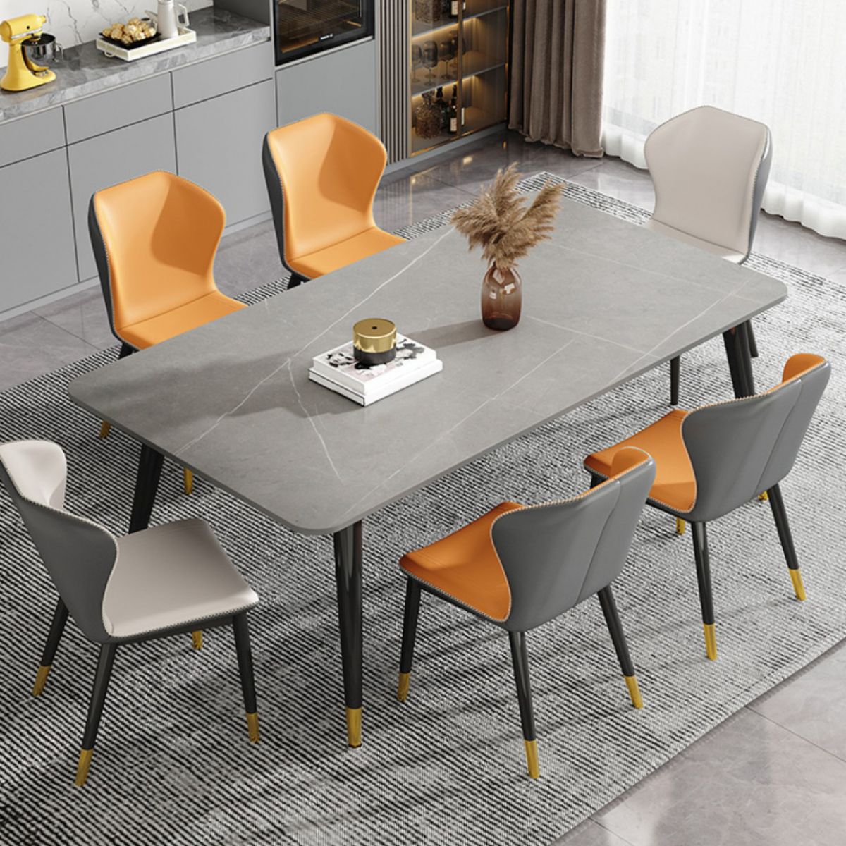 Mesa de comedor de piedra rectangular de lujo con 4 patas de acero dorado y negro
