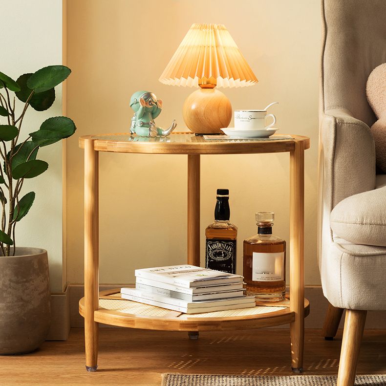 19.68" Tall Round Glass Top Side Table Wood 3 Legs End Table with Shelf