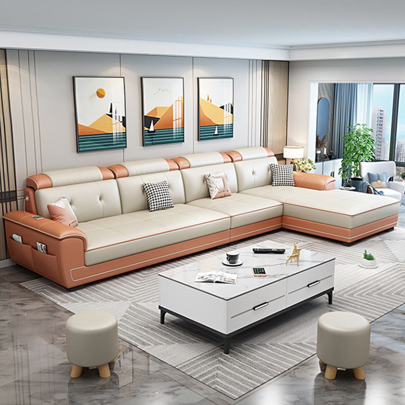 Sectional de 4 plazas en forma de L de cuero falso con almacenamiento y cojín
